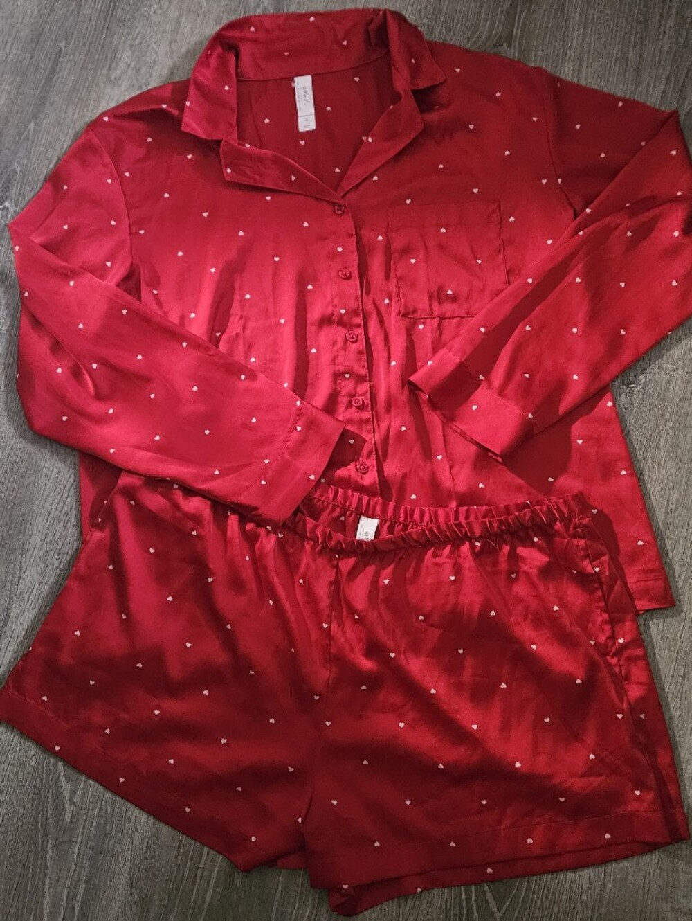 AUDEN Red Satin Heart Pajama Set XL | Y2K Sleepwear Lounge Co-ord Shorts Set